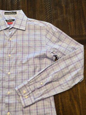 Saks Fifth Avenue Mens Trim Fit Purple Plaid Cotton Dress Shirt 15-32/33 G566
